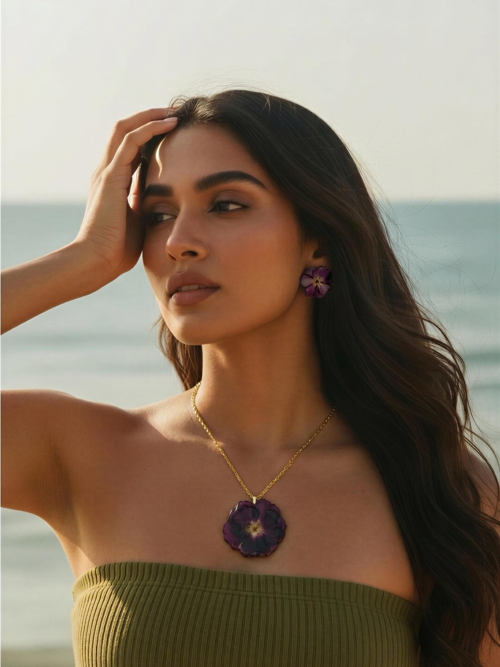 Gold Chain Necklace and Earrings Set with Purple Flower Pendant - Women Jewelry